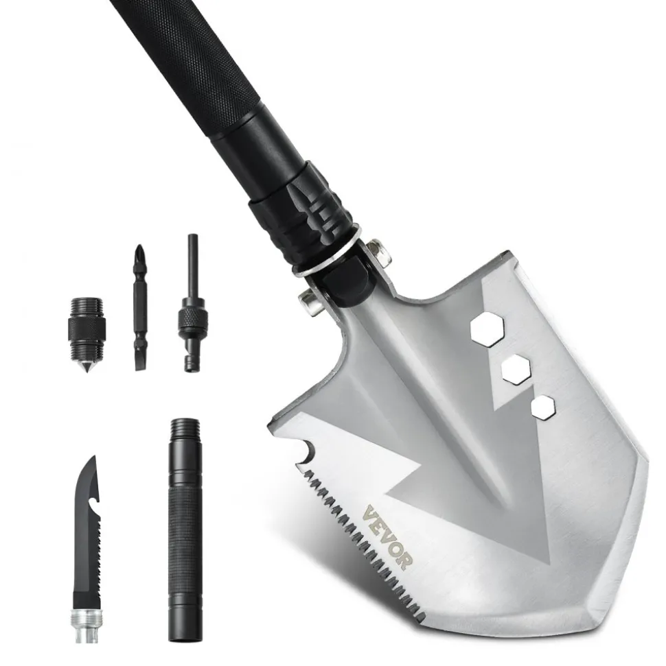 VEVOR Survival Shovel, 8 in 1 Camping Shovel Folding Multitool, Military Grade Portable Compact Tactical Shovel, Multifunction for Off-Roading, Camping, Hiking, Outdoor, Survivalist and Emergency