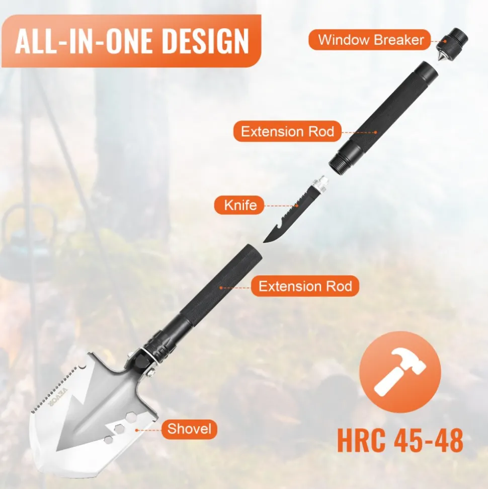 VEVOR Survival Shovel, 8 in 1 Camping Shovel Folding Multitool, Military Grade Portable Compact Tactical Shovel, Multifunction for Off-Roading, Camping, Hiking, Outdoor, Survivalist and Emergency