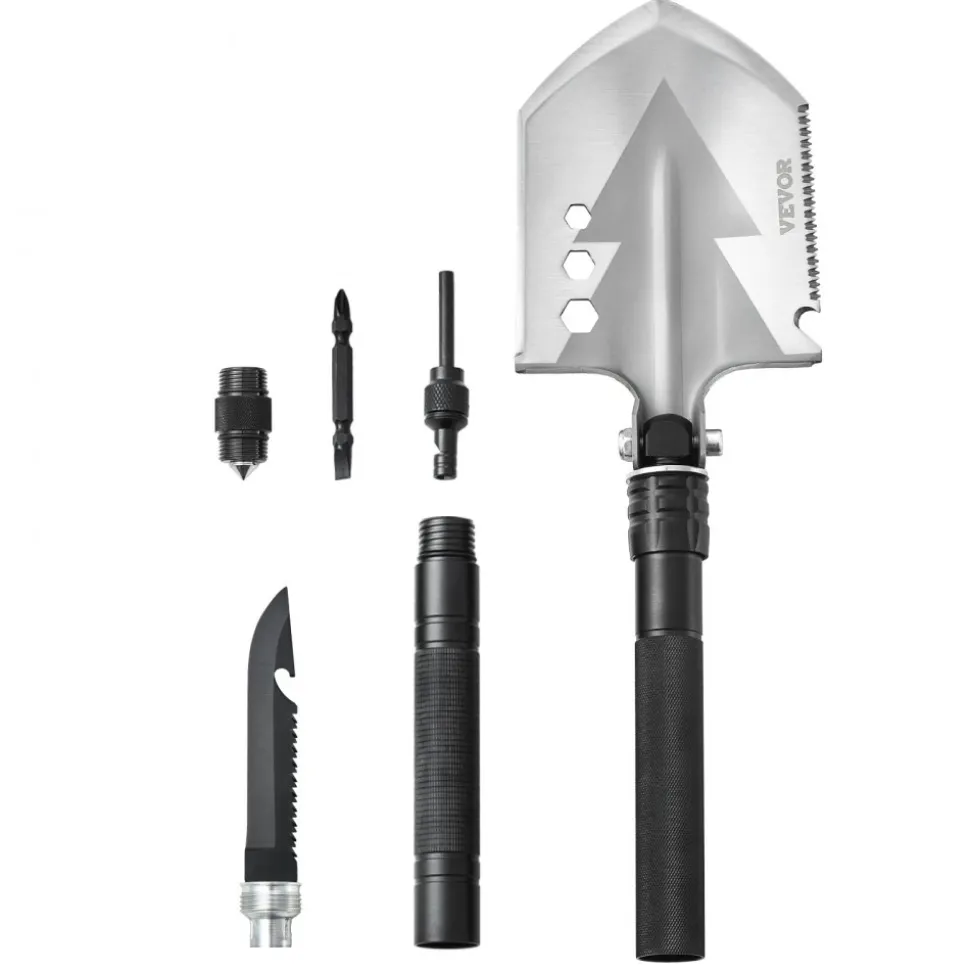 VEVOR Survival Shovel, 8 in 1 Camping Shovel Folding Multitool, Military Grade Portable Compact Tactical Shovel, Multifunction for Off-Roading, Camping, Hiking, Outdoor, Survivalist and Emergency