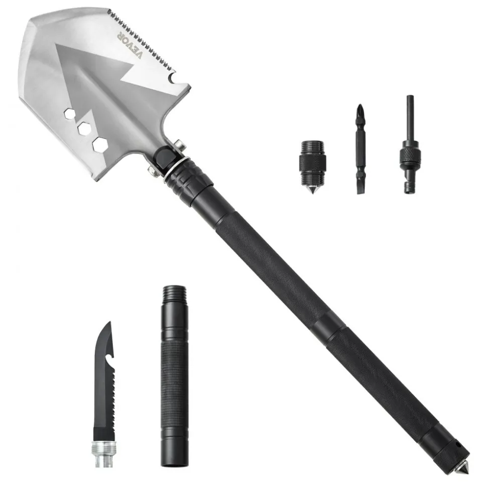 VEVOR Survival Shovel, 8 in 1 Camping Shovel Folding Multitool, Military Grade Portable Compact Tactical Shovel, Multifunction for Off-Roading, Camping, Hiking, Outdoor, Survivalist and Emergency