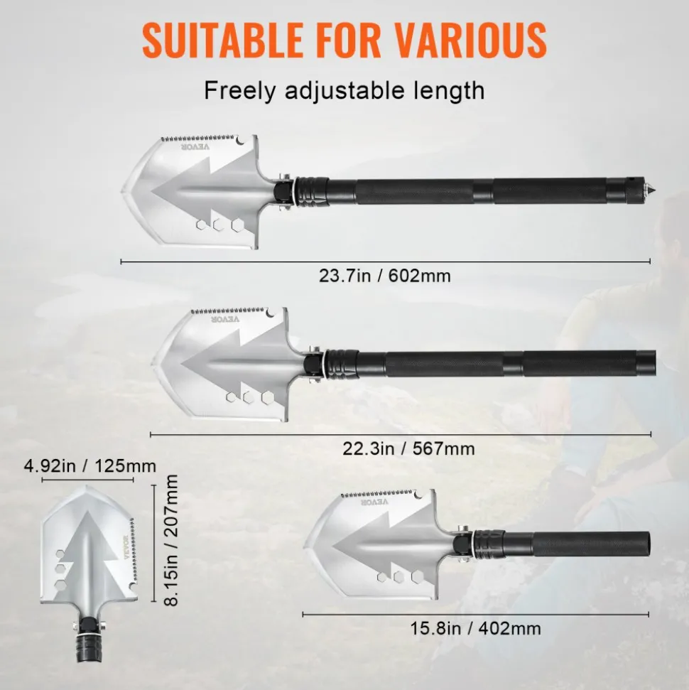 VEVOR Survival Shovel, 8 in 1 Camping Shovel Folding Multitool, Military Grade Portable Compact Tactical Shovel, Multifunction for Off-Roading, Camping, Hiking, Outdoor, Survivalist and Emergency