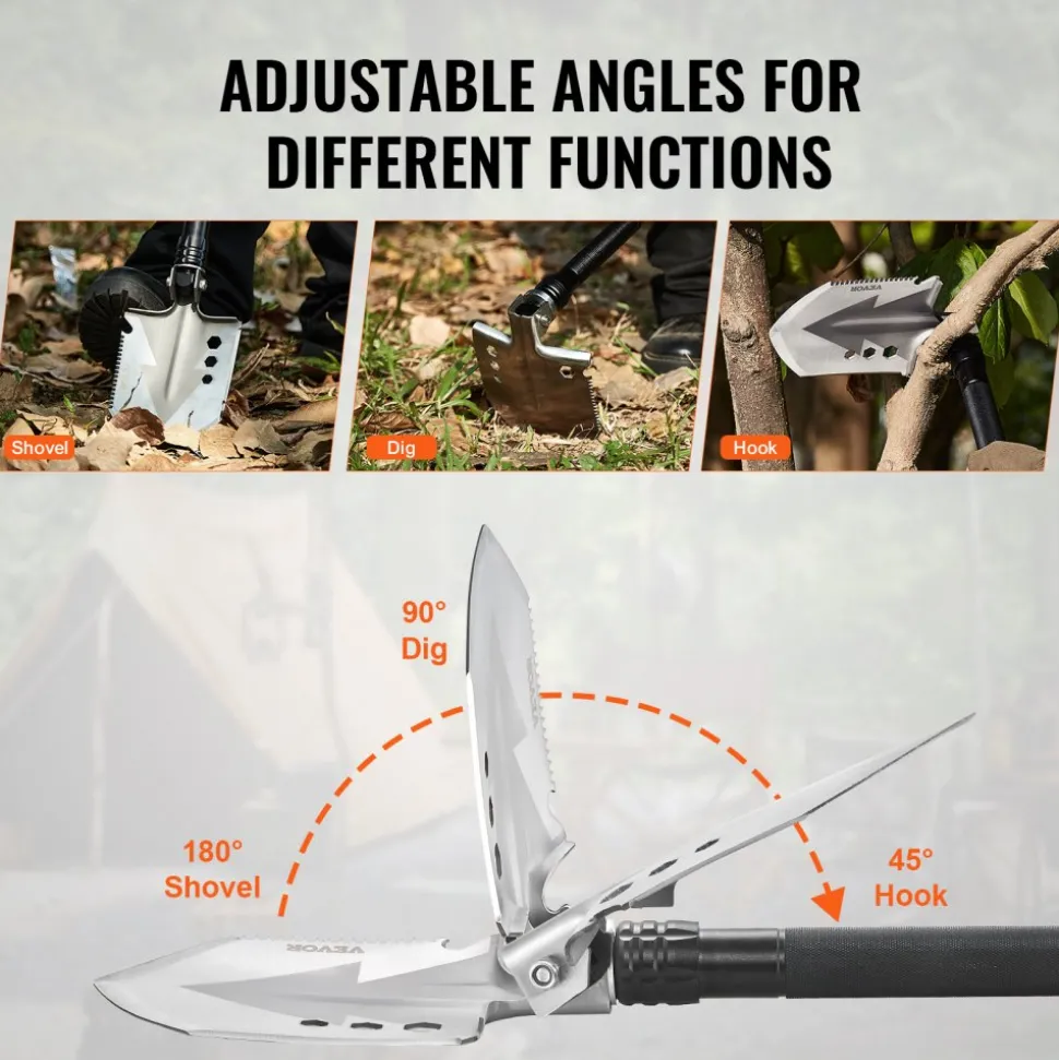 VEVOR Survival Shovel, 8 in 1 Camping Shovel Folding Multitool, Military Grade Portable Compact Tactical Shovel, Multifunction for Off-Roading, Camping, Hiking, Outdoor, Survivalist and Emergency