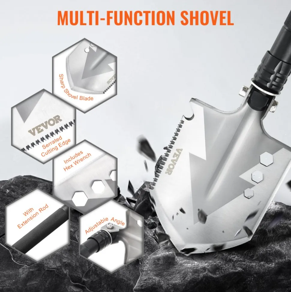 VEVOR Survival Shovel, 8 in 1 Camping Shovel Folding Multitool, Military Grade Portable Compact Tactical Shovel, Multifunction for Off-Roading, Camping, Hiking, Outdoor, Survivalist and Emergency