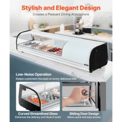 VEVOR Sushi Display Case Refrigerator, 1.8 Cu.ft Commercial Sushi Case, 5-Pan Countertop  Showcase with Curved Glass, LED Lighting, and Digital Temperature Control, for Sushi-Bar, Restaurant, Store