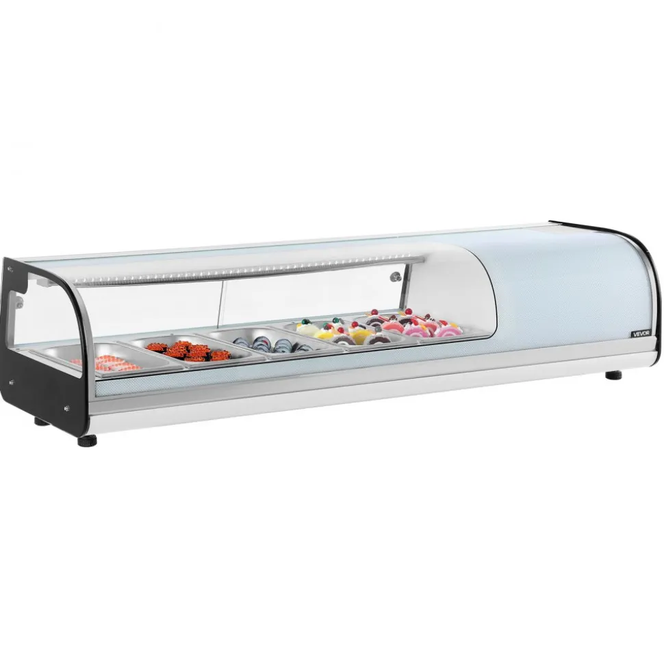 VEVOR Sushi Display Case Refrigerator, 1.8 Cu.ft Commercial Sushi Case, 5-Pan Countertop Showcase with Curved Glass, LED Lighting, and Digital Temperature Control, for Sushi-Bar, Restaurant, Store