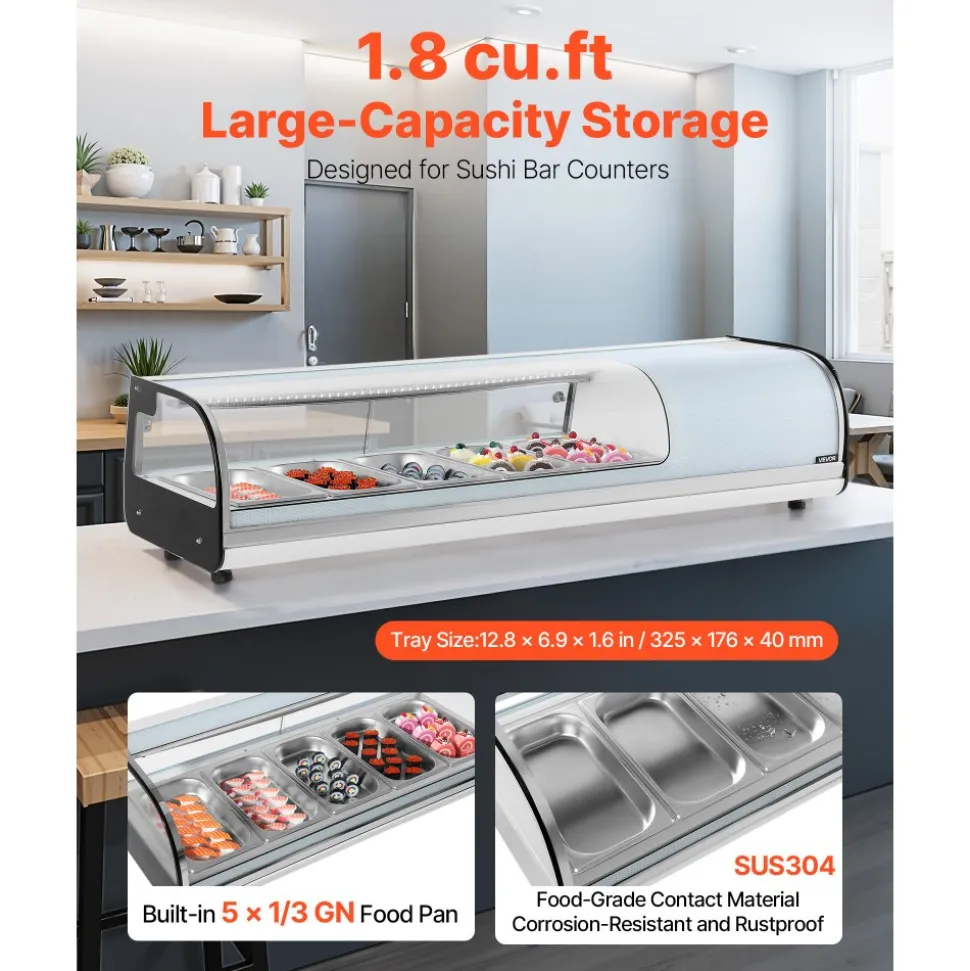 VEVOR Sushi Display Case Refrigerator, 1.8 Cu.ft Commercial Sushi Case, 5-Pan Countertop Showcase with Curved Glass, LED Lighting, and Digital Temperature Control, for Sushi-Bar, Restaurant, Store