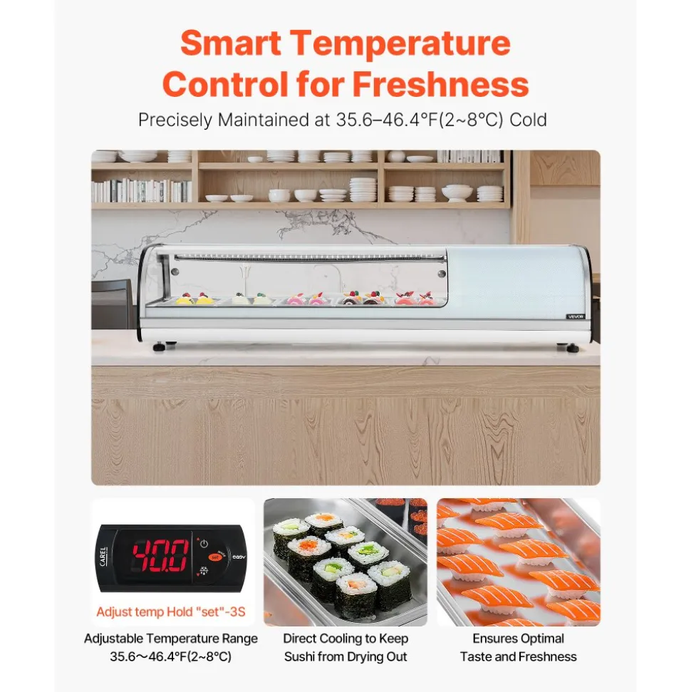 VEVOR Sushi Display Case Refrigerator, 1.8 Cu.ft Commercial Sushi Case, 5-Pan Countertop Showcase with Curved Glass, LED Lighting, and Digital Temperature Control, for Sushi-Bar, Restaurant, Store