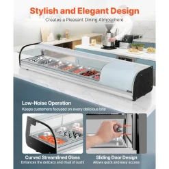 VEVOR Sushi Display Case Refrigerator, 2.5 Cu.ft Commercial Sushi Case, 7-Pan Countertop  Showcase with Curved Glass, LED Lighting, and Digital Temperature Control, for Sushi-Bar, Restaurant, Store