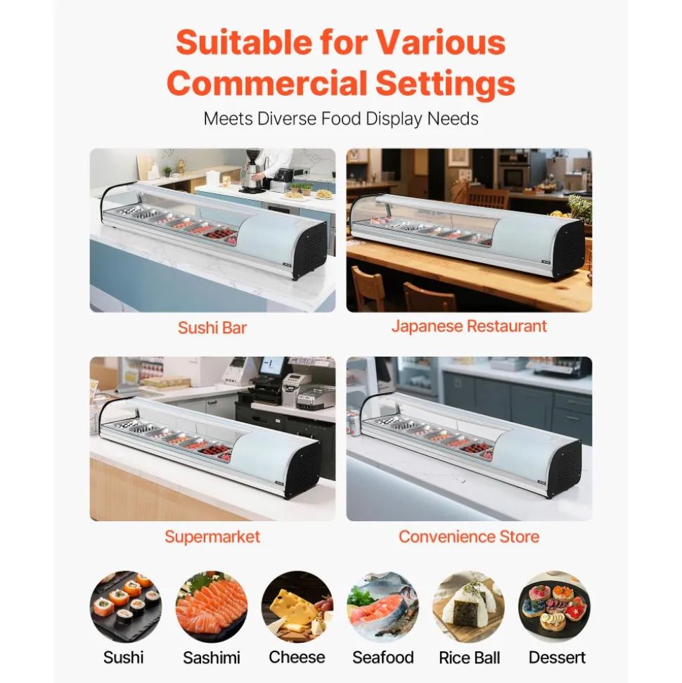 VEVOR Sushi Display Case Refrigerator, 2.5 Cu.ft Commercial Sushi Case, 7-Pan Countertop Showcase with Curved Glass, LED Lighting, and Digital Temperature Control, for Sushi-Bar, Restaurant, Store