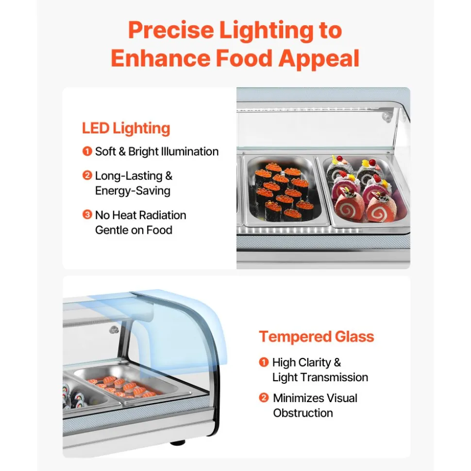 VEVOR Sushi Display Case Refrigerator, 2.5 Cu.ft Commercial Sushi Case, 7-Pan Countertop Showcase with Curved Glass, LED Lighting, and Digital Temperature Control, for Sushi-Bar, Restaurant, Store