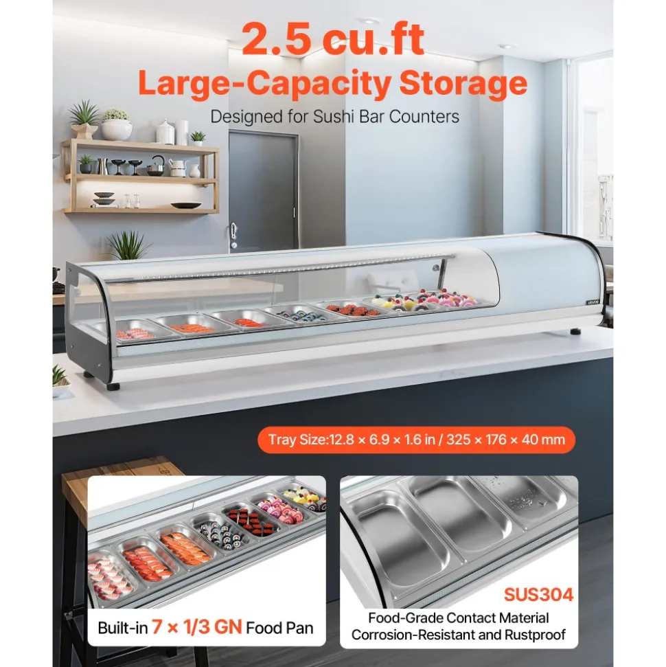 VEVOR Sushi Display Case Refrigerator, 2.5 Cu.ft Commercial Sushi Case, 7-Pan Countertop Showcase with Curved Glass, LED Lighting, and Digital Temperature Control, for Sushi-Bar, Restaurant, Store