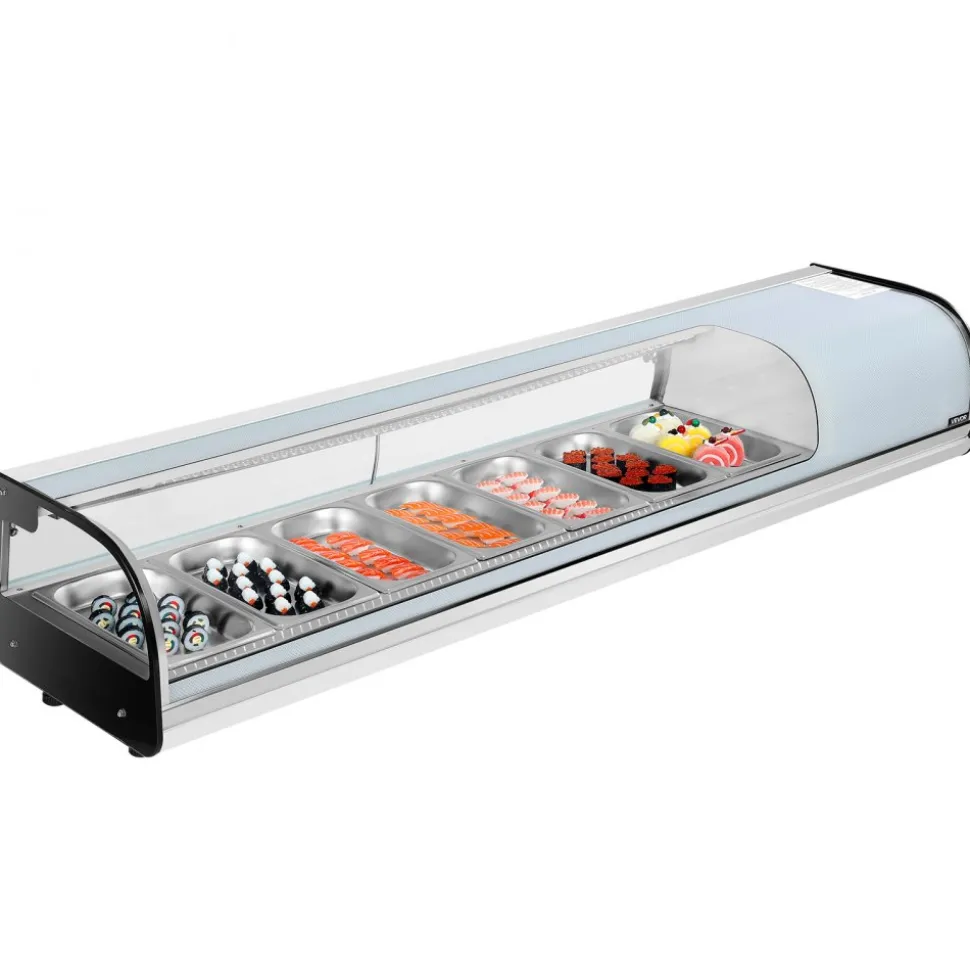 VEVOR Sushi Display Case Refrigerator, 2.5 Cu.ft Commercial Sushi Case, 7-Pan Countertop Showcase with Curved Glass, LED Lighting, and Digital Temperature Control, for Sushi-Bar, Restaurant, Store