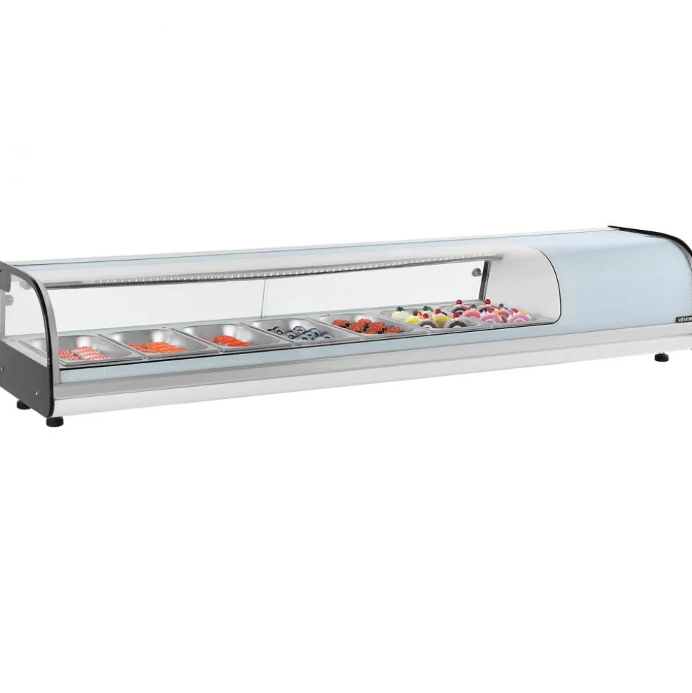 VEVOR Sushi Display Case Refrigerator, 2.5 Cu.ft Commercial Sushi Case, 7-Pan Countertop Showcase with Curved Glass, LED Lighting, and Digital Temperature Control, for Sushi-Bar, Restaurant, Store