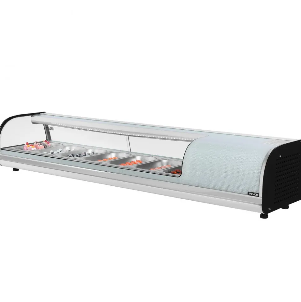 VEVOR Sushi Display Case Refrigerator, 2.5 Cu.ft Commercial Sushi Case, 7-Pan Countertop Showcase with Curved Glass, LED Lighting, and Digital Temperature Control, for Sushi-Bar, Restaurant, Store