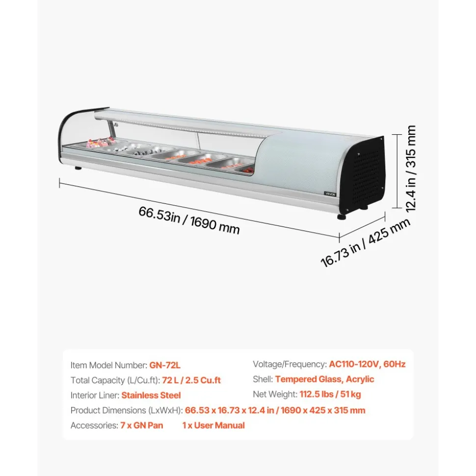 VEVOR Sushi Display Case Refrigerator, 2.5 Cu.ft Commercial Sushi Case, 7-Pan Countertop Showcase with Curved Glass, LED Lighting, and Digital Temperature Control, for Sushi-Bar, Restaurant, Store