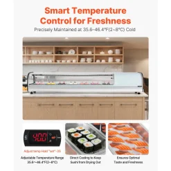 VEVOR Sushi Display Case Refrigerator, 2.5 Cu.ft Commercial Sushi Case, 7-Pan Countertop Showcase with Curved Glass, LED Lighting, and Digital Temperature Control, for Sushi-Bar, Restaurant, Store