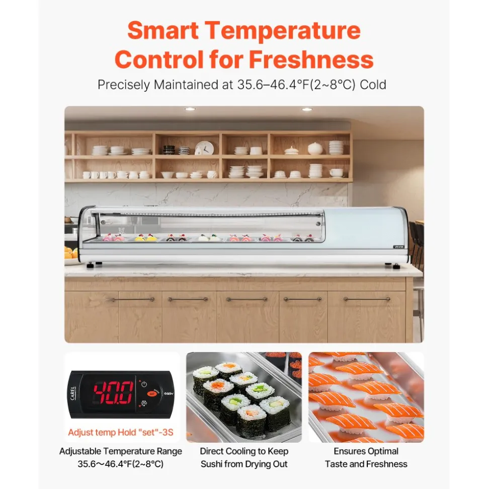 VEVOR Sushi Display Case Refrigerator, 2.5 Cu.ft Commercial Sushi Case, 7-Pan Countertop Showcase with Curved Glass, LED Lighting, and Digital Temperature Control, for Sushi-Bar, Restaurant, Store