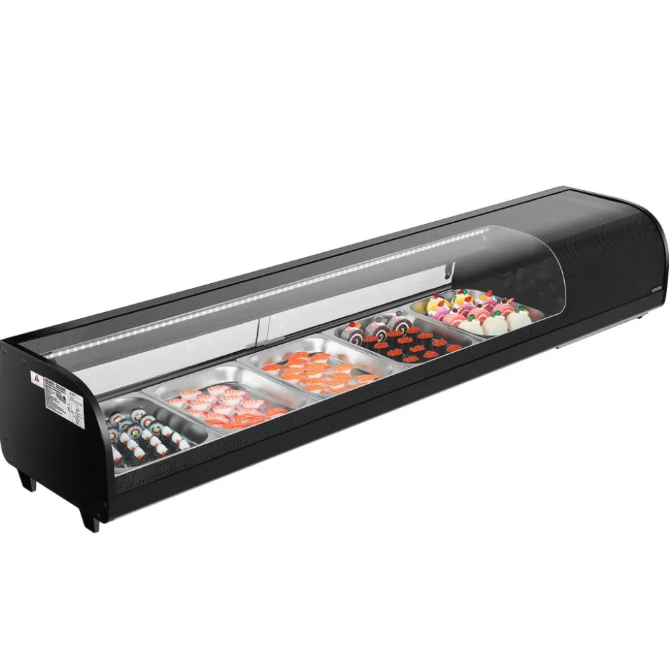 VEVOR Sushi Display Case Refrigerator, 2.9 Cu.ft Commercial Sushi Case, 5-Pan Countertop Showcase with Curved Glass, LED Lighting, and Digital Temperature Control, for Sushi-Bar, Restaurant, Store