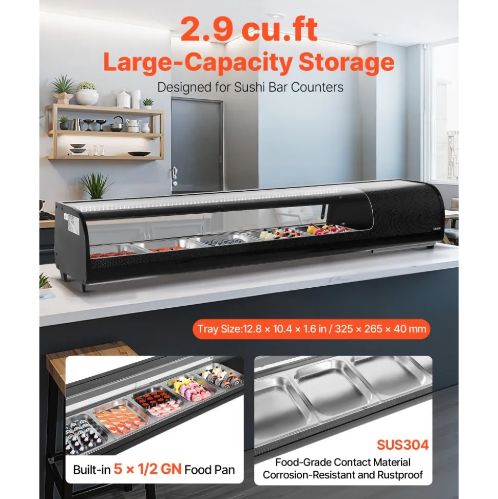 VEVOR Sushi Display Case Refrigerator, 2.9 Cu.ft Commercial Sushi Case, 5-Pan Countertop Showcase with Curved Glass, LED Lighting, and Digital Temperature Control, for Sushi-Bar, Restaurant, Store