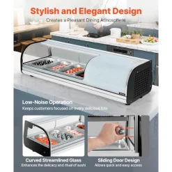 VEVOR Sushi Display Case Refrigerator, 1.5 Cu.ft Commercial Sushi Case, 4-Pan Countertop  Showcase with Curved Glass, LED Lighting, and Digital Temperature Control, for Sushi-Bar, Restaurant, Store