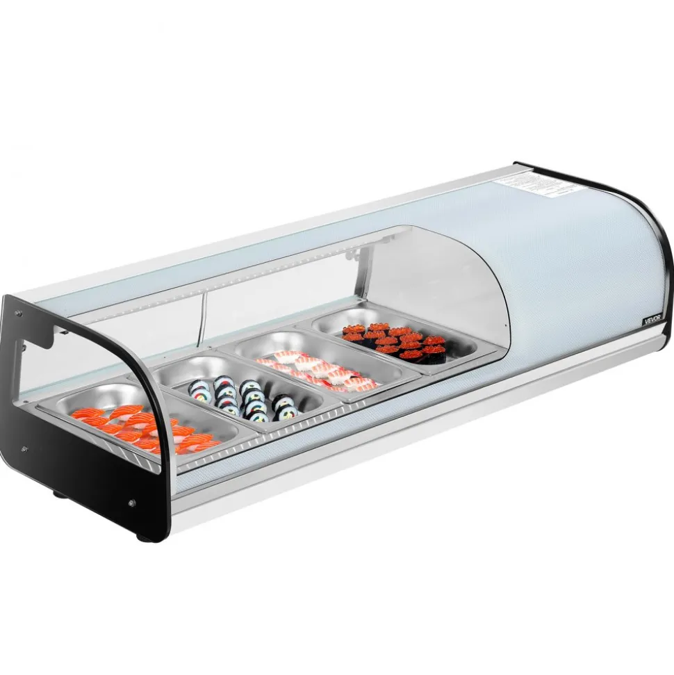 VEVOR Sushi Display Case Refrigerator, 1.5 Cu.ft Commercial Sushi Case, 4-Pan Countertop Showcase with Curved Glass, LED Lighting, and Digital Temperature Control, for Sushi-Bar, Restaurant, Store