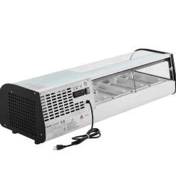 VEVOR Sushi Display Case Refrigerator, 1.5 Cu.ft Commercial Sushi Case, 4-Pan Countertop Showcase with Curved Glass, LED Lighting, and Digital Temperature Control, for Sushi-Bar, Restaurant, Store