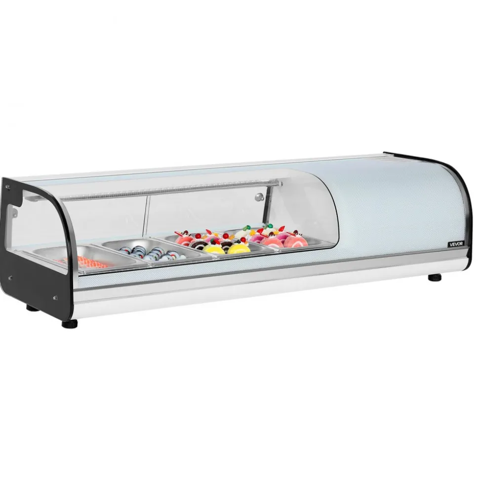 VEVOR Sushi Display Case Refrigerator, 1.5 Cu.ft Commercial Sushi Case, 4-Pan Countertop Showcase with Curved Glass, LED Lighting, and Digital Temperature Control, for Sushi-Bar, Restaurant, Store