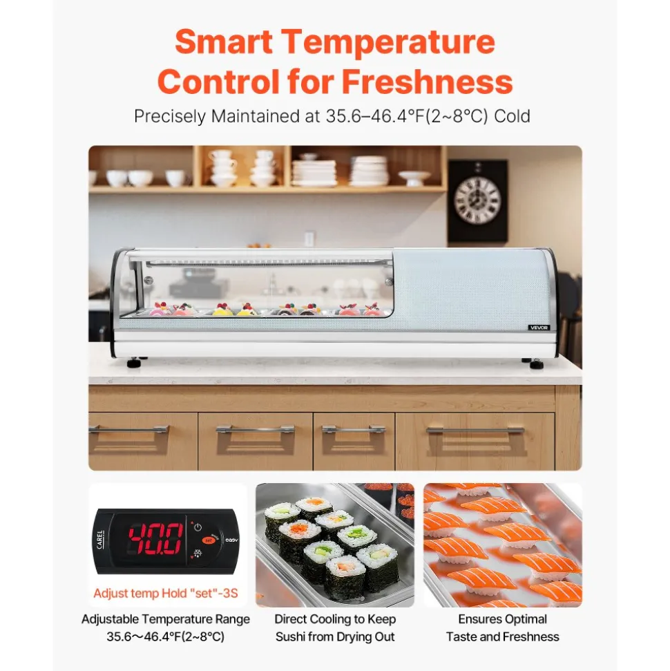 VEVOR Sushi Display Case Refrigerator, 1.5 Cu.ft Commercial Sushi Case, 4-Pan Countertop Showcase with Curved Glass, LED Lighting, and Digital Temperature Control, for Sushi-Bar, Restaurant, Store