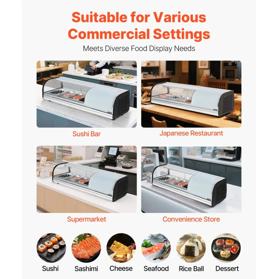VEVOR Sushi Display Case Refrigerator, 1.5 Cu.ft Commercial Sushi Case, 4-Pan Countertop Showcase with Curved Glass, LED Lighting, and Digital Temperature Control, for Sushi-Bar, Restaurant, Store