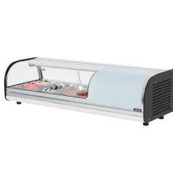 VEVOR Sushi Display Case Refrigerator, 1.5 Cu.ft Commercial Sushi Case, 4-Pan Countertop Showcase with Curved Glass, LED Lighting, and Digital Temperature Control, for Sushi-Bar, Restaurant, Store