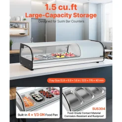 VEVOR Sushi Display Case Refrigerator, 1.5 Cu.ft Commercial Sushi Case, 4-Pan Countertop Showcase with Curved Glass, LED Lighting, and Digital Temperature Control, for Sushi-Bar, Restaurant, Store