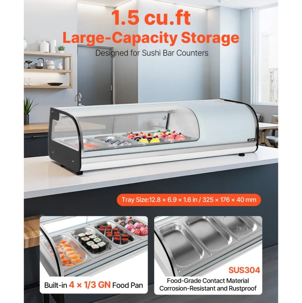 VEVOR Sushi Display Case Refrigerator, 1.5 Cu.ft Commercial Sushi Case, 4-Pan Countertop Showcase with Curved Glass, LED Lighting, and Digital Temperature Control, for Sushi-Bar, Restaurant, Store