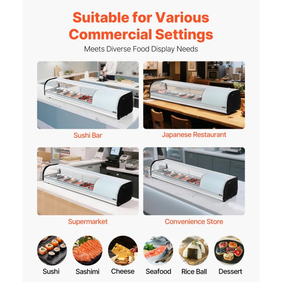 VEVOR Sushi Display Case Refrigerator, 2.2 Cu.ft Commercial Sushi Case, 6-Pan Countertop Showcase with Curved Glass, LED Lighting, and Digital Temperature Control, for Sushi-Bar, Restaurant, Store