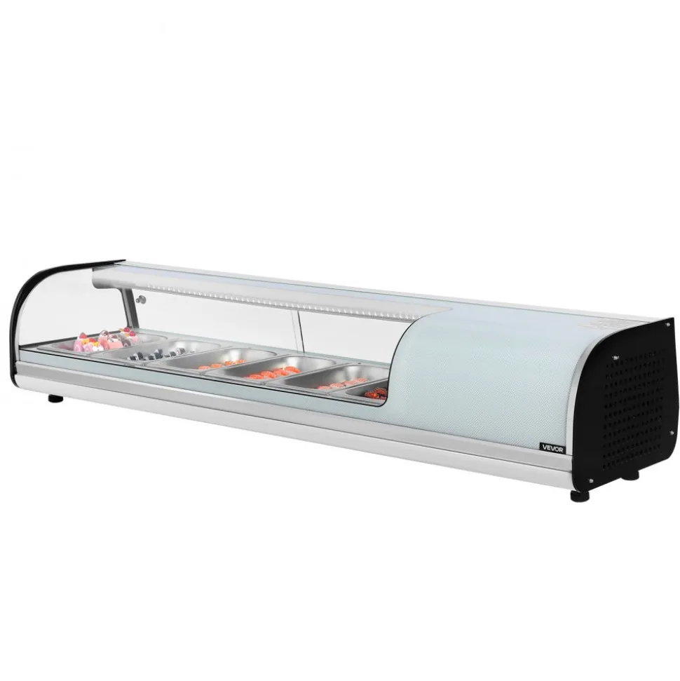 VEVOR Sushi Display Case Refrigerator, 2.2 Cu.ft Commercial Sushi Case, 6-Pan Countertop Showcase with Curved Glass, LED Lighting, and Digital Temperature Control, for Sushi-Bar, Restaurant, Store