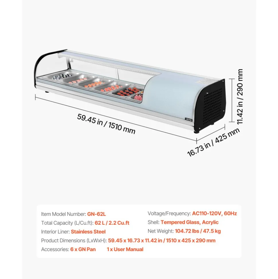 VEVOR Sushi Display Case Refrigerator, 2.2 Cu.ft Commercial Sushi Case, 6-Pan Countertop Showcase with Curved Glass, LED Lighting, and Digital Temperature Control, for Sushi-Bar, Restaurant, Store