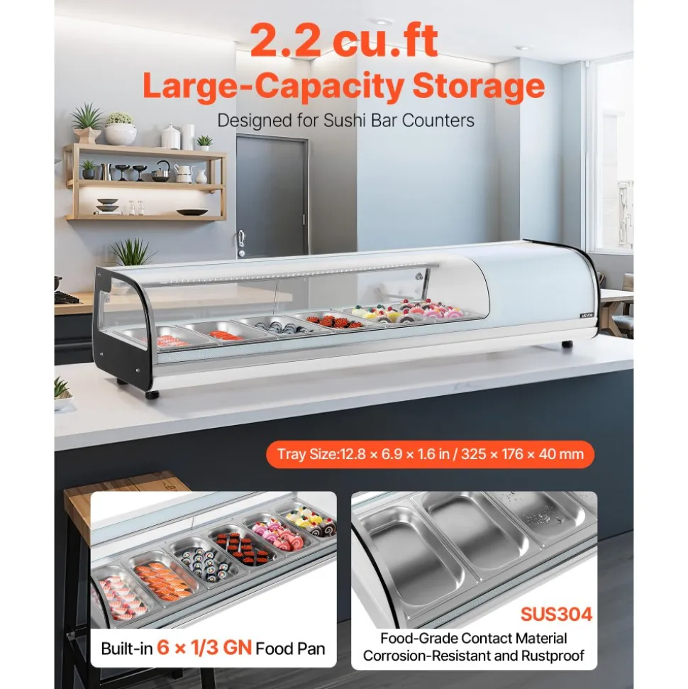 VEVOR Sushi Display Case Refrigerator, 2.2 Cu.ft Commercial Sushi Case, 6-Pan Countertop Showcase with Curved Glass, LED Lighting, and Digital Temperature Control, for Sushi-Bar, Restaurant, Store