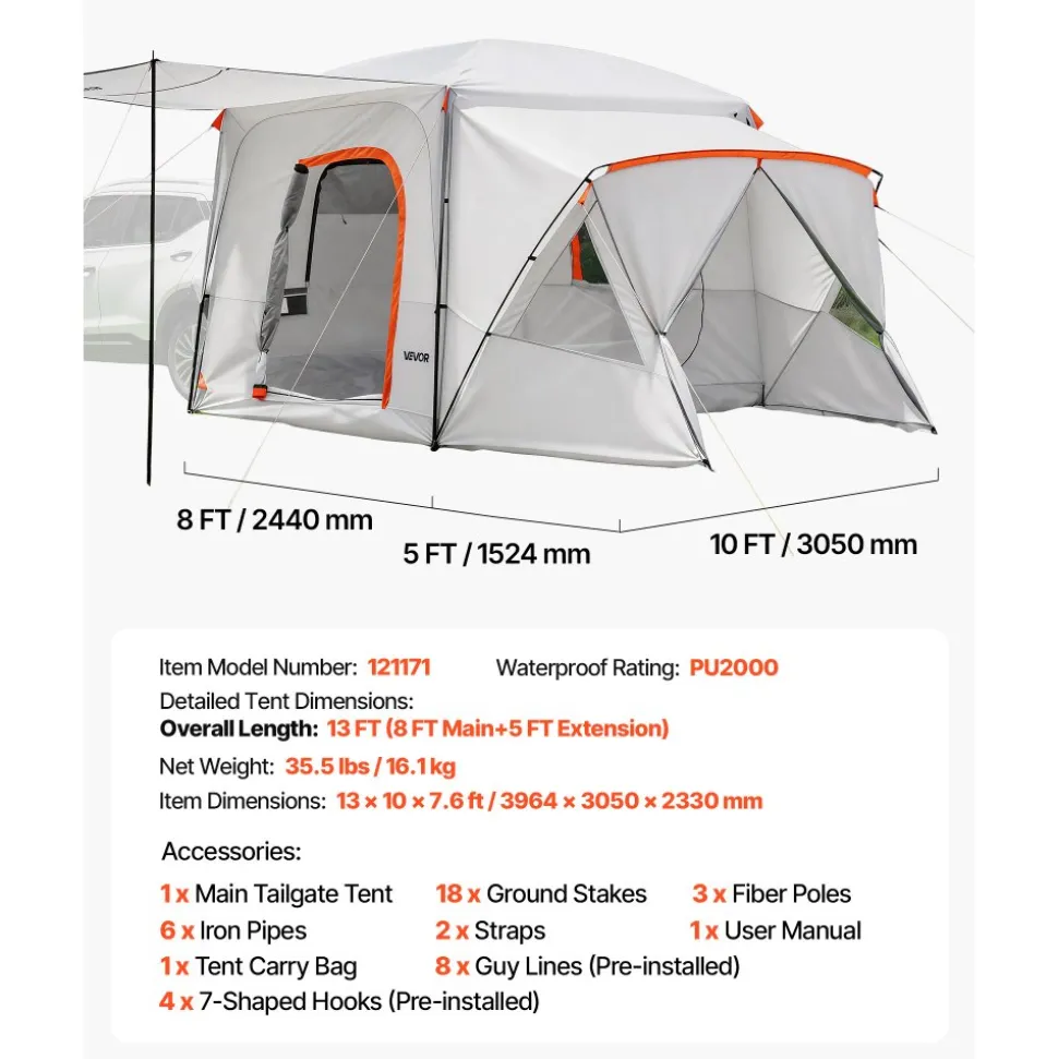 VEVOR SUV Camping Tent for 5-9 Person, 13 x 10 FT 3-Season SUV Tailgate Tent with Ventilated Windows, PU2000mm Waterproof Dual-Use Car Rear Hatch Tents for Outdoor Hiking Travels