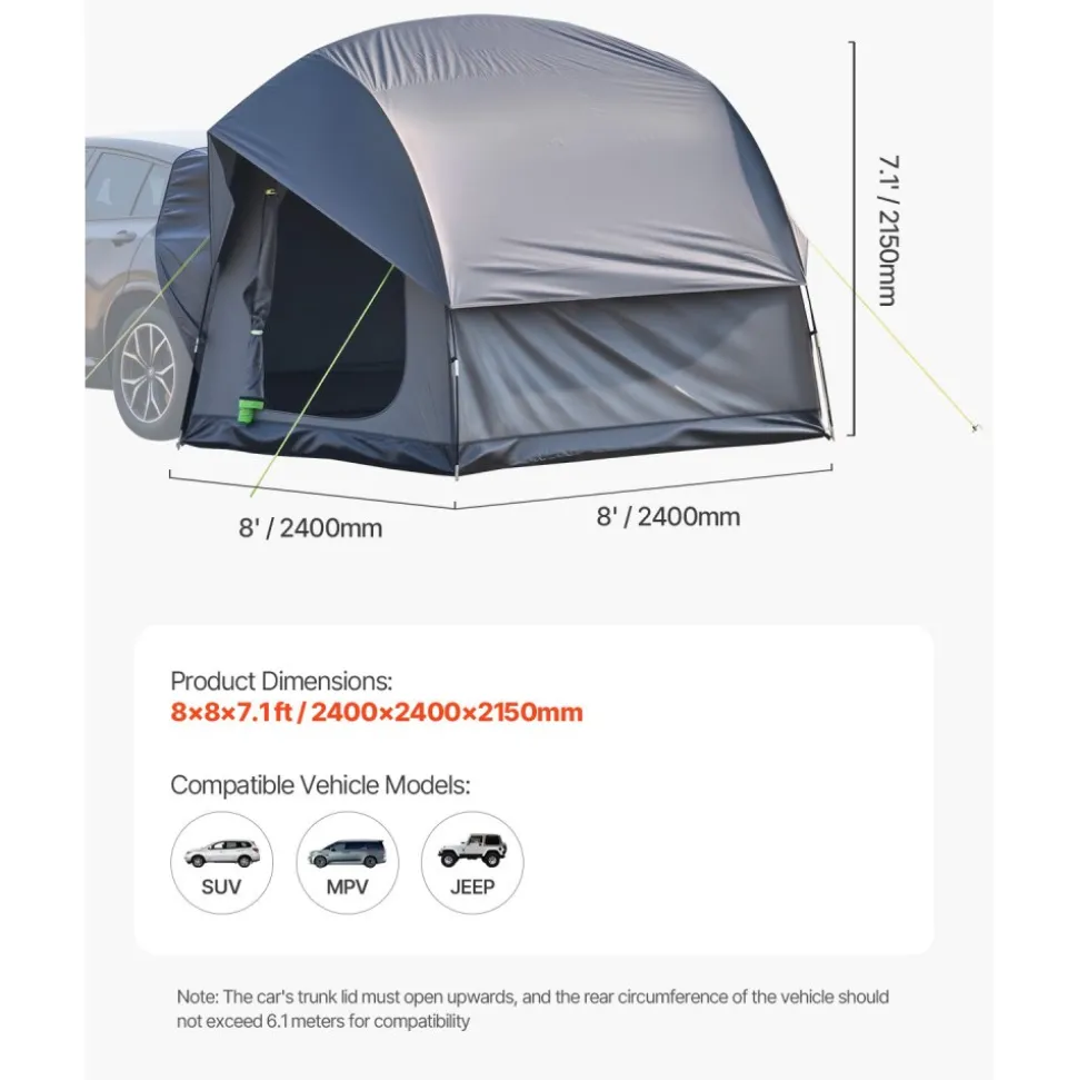 VEVOR SUV Tent for Camping, 8FT L x 8FT W, Waterproof PU2000mm Spacious Double Layer Design for 5-8 Person, SUV Camping Tent with Mesh Windows, Includes Rainfly & Storage Bag, for Outdoor Activities