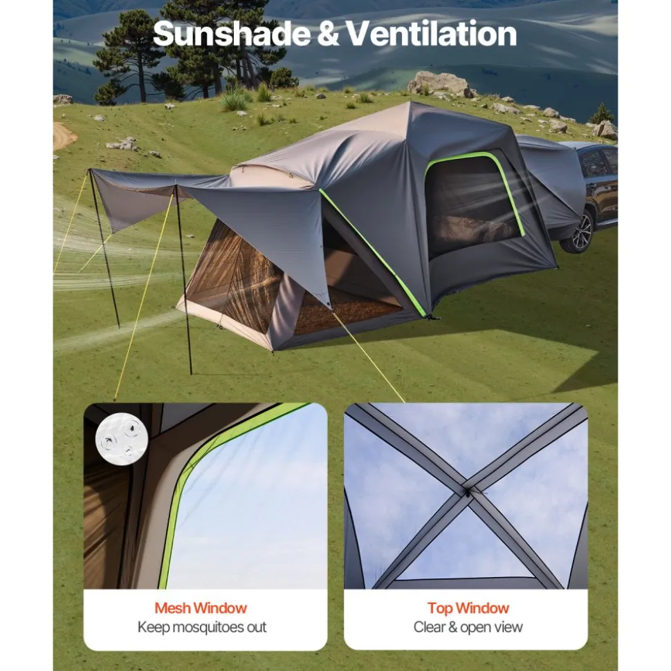 VEVOR SUV Tent for Camping, 10FT L x 10FT W, Waterproof PU2000mm Spacious Double Layer Design for 5-8 Person, SUV Camping Tent with Shade Awning and Mesh Windows, Includes Rainfly and Storage Bag