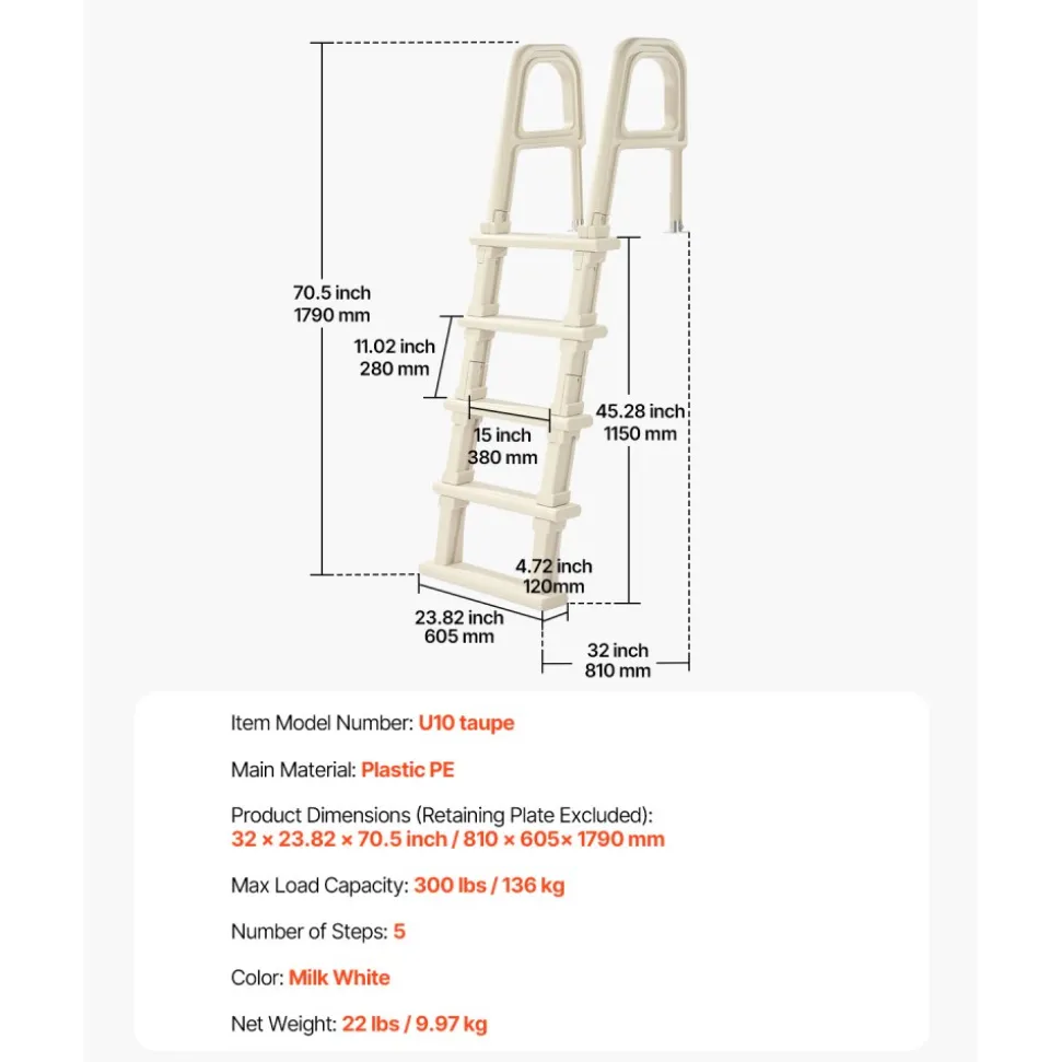 VEVOR Swimming Pool Ladder, 75°Inclined 5-Step Double Handrails Stair, Non-slip Heavy Duty Steps, Load Capacity 300 lb, for 48-54 In Inground & Above-ground Pools of Any Deck Surface Indoor & Outdoor