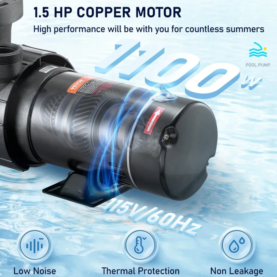 VEVOR Swimming Pool Pump 1.5HP 115V 1100W, Single Speed Pumps for Above Ground, Powerful Pool Pumps with Strainer Filter Basket, 5280 GPH Max. Flow, Certification of ETL for Security