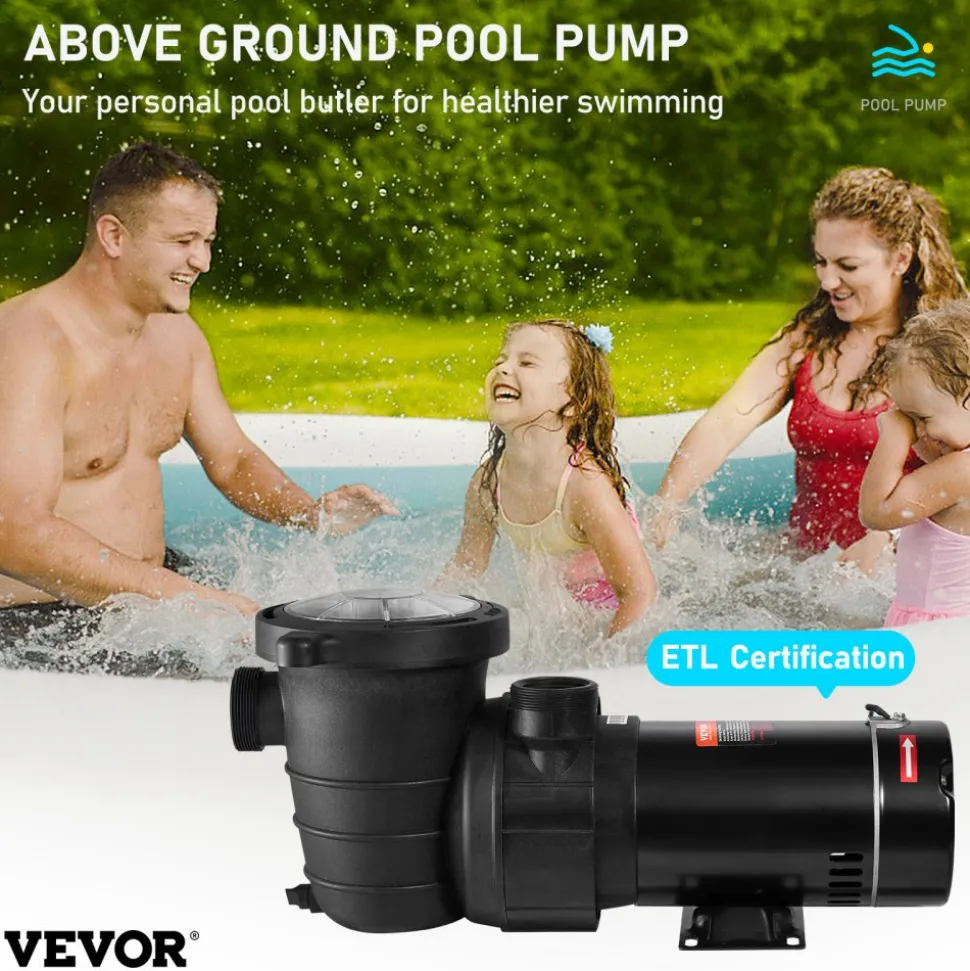 VEVOR Swimming Pool Pump 1.5HP 115V 1100W, Single Speed Pumps for Above Ground, Powerful Pool Pumps with Strainer Filter Basket, 5280 GPH Max. Flow, Certification of ETL for Security