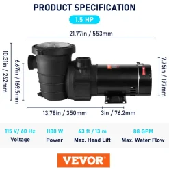 VEVOR Swimming Pool Pump 1.5HP 115V 1100W, Single Speed Pumps for Above Ground, Powerful Pool Pumps with Strainer Filter Basket, 5280 GPH Max. Flow, Certification of ETL for Security