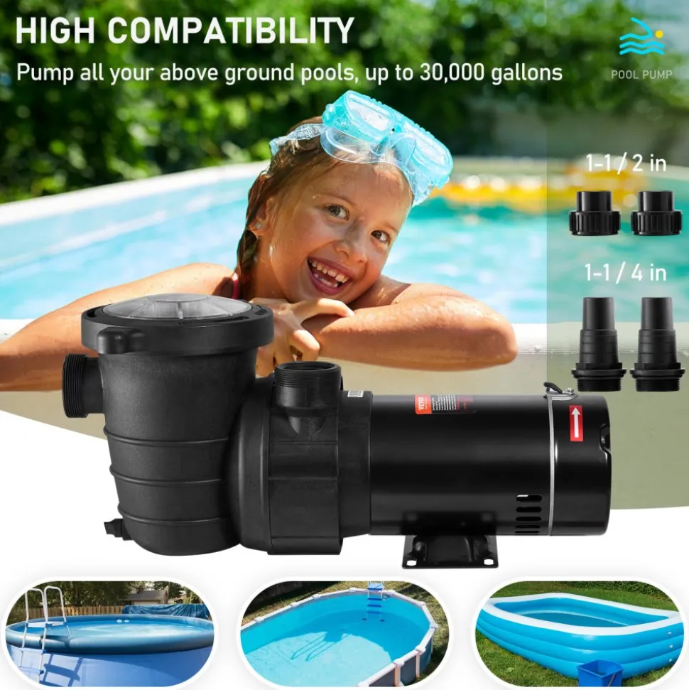 VEVOR Swimming Pool Pump 1.5HP 115V 1100W, Single Speed Pumps for Above Ground, Powerful Pool Pumps with Strainer Filter Basket, 5280 GPH Max. Flow, Certification of ETL for Security