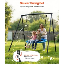 VEVOR Swing Set for Backyard, 40 in Saucer Swing Seat with Heavy Duty A-Frame Metal Stand, 440 lbs Load Capacity, Reinforced with Spiral Ground Anchors, Swingset Outdoor for Kids, Black and Blue
