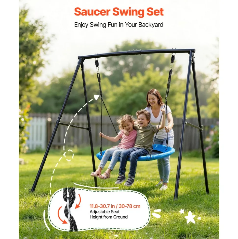 VEVOR Swing Set for Backyard, 40 in Saucer Swing Seat with Heavy Duty A-Frame Metal Stand, 440 lbs Load Capacity, Reinforced with Spiral Ground Anchors, Swingset Outdoor for Kids, Black and Blue