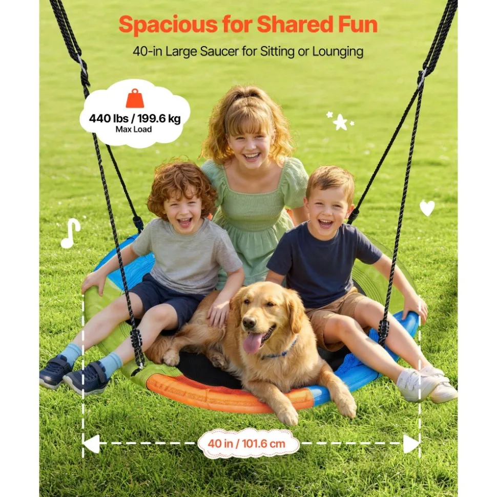 VEVOR Swing Set for Backyard, 32 in Saucer Swing Seat and Belt Seat, with Heavy Duty A-Frame Metal Stand, 440 lbs Load Capacity, Reinforced with Spiral Ground Anchors, Swingset Outdoor for Kids