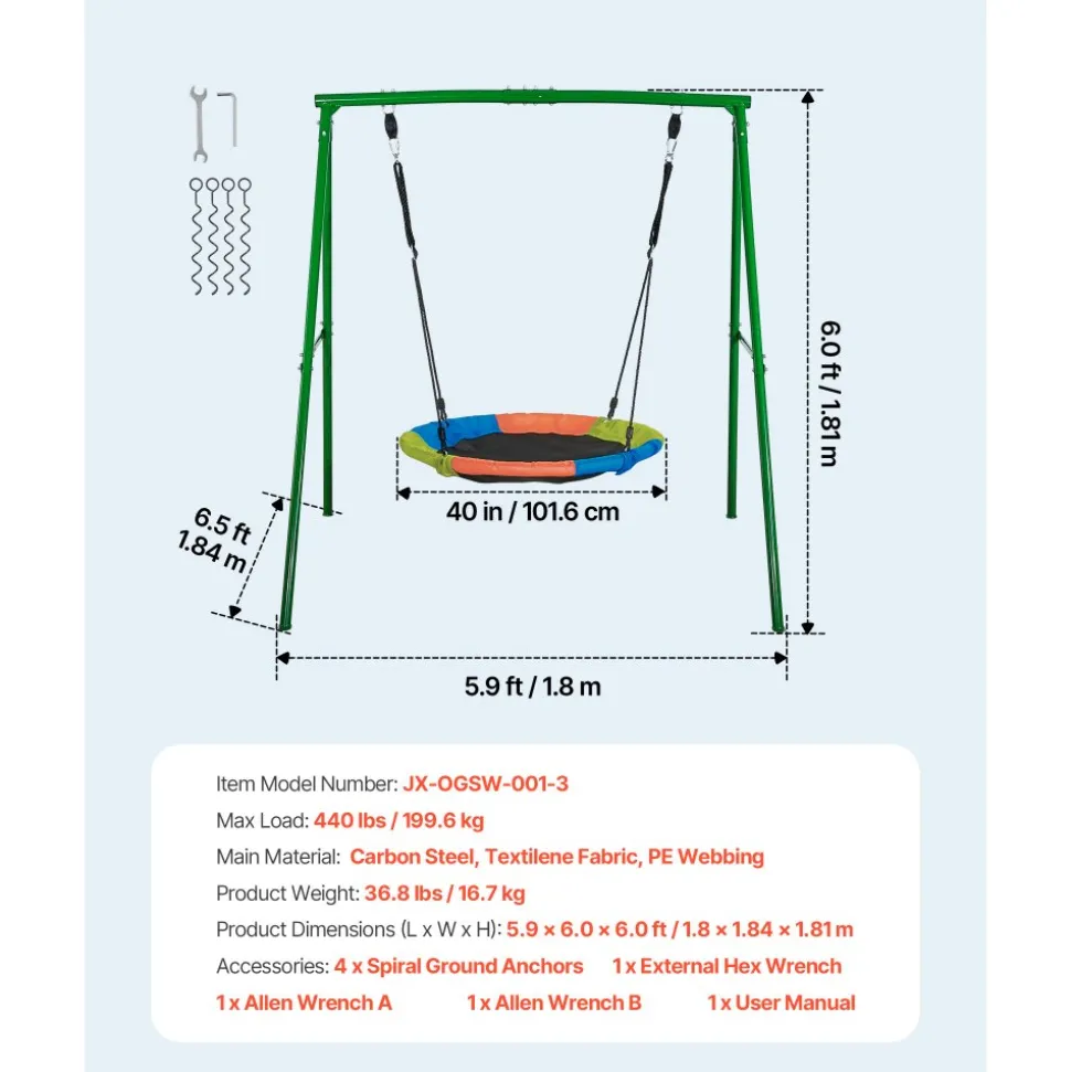 VEVOR Swing Set for Backyard, 32 in Saucer Swing Seat and Belt Seat, with Heavy Duty A-Frame Metal Stand, 440 lbs Load Capacity, Reinforced with Spiral Ground Anchors, Swingset Outdoor for Kids