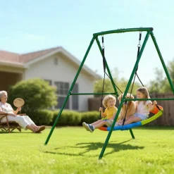 VEVOR Swing Set for Backyard, 32 in Saucer Swing Seat and Belt Seat, with Heavy Duty A-Frame Metal Stand, 440 lbs Load Capacity, Reinforced with Spiral Ground Anchors, Swingset Outdoor for Kids