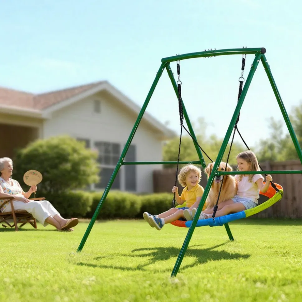 VEVOR Swing Set for Backyard, 32 in Saucer Swing Seat and Belt Seat, with Heavy Duty A-Frame Metal Stand, 440 lbs Load Capacity, Reinforced with Spiral Ground Anchors, Swingset Outdoor for Kids